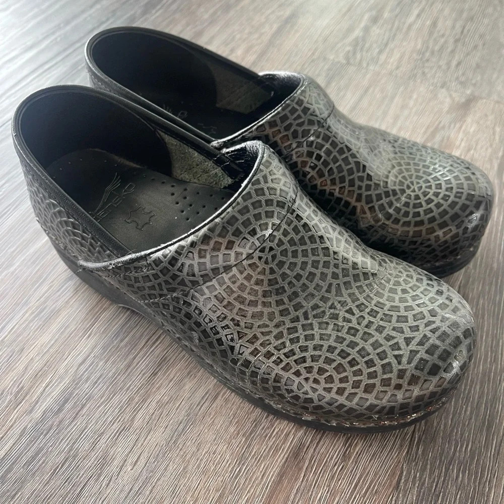 Dansko Black and Gray Patterned Leather Clogs